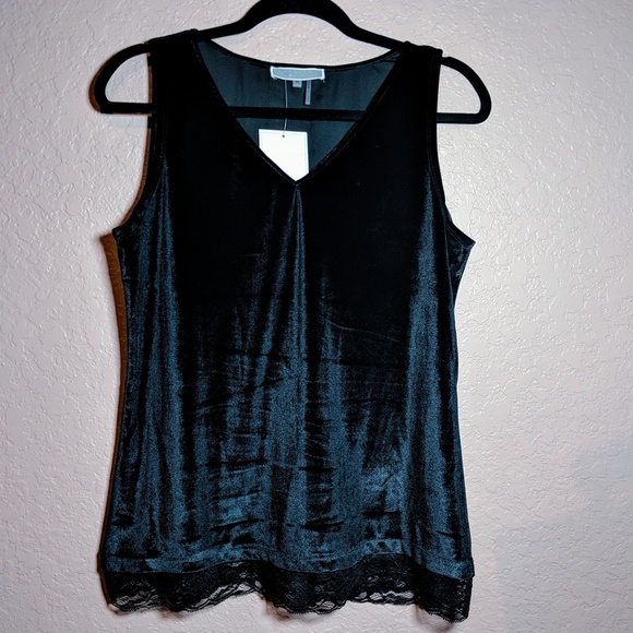 NWT Liquid by Sioni black Velvet/lace hem top - Picture 2 of 7